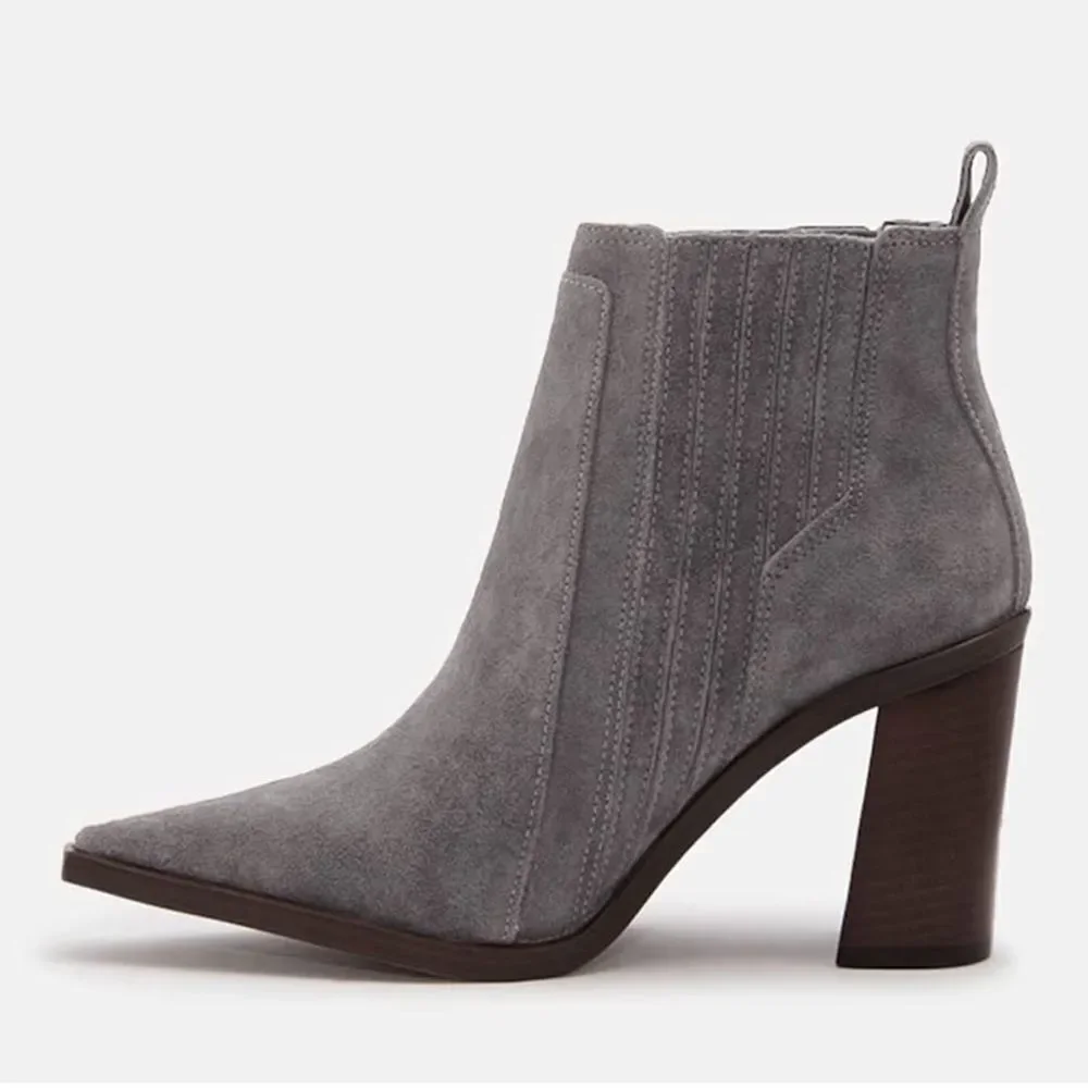 Juliet Holy Block Heel Ankle Boots Comfort Slip on Pointed Toe Mid Booties